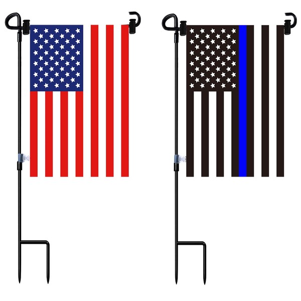 Garden Flag Stand and American Flag, Thin Blue Line Garden