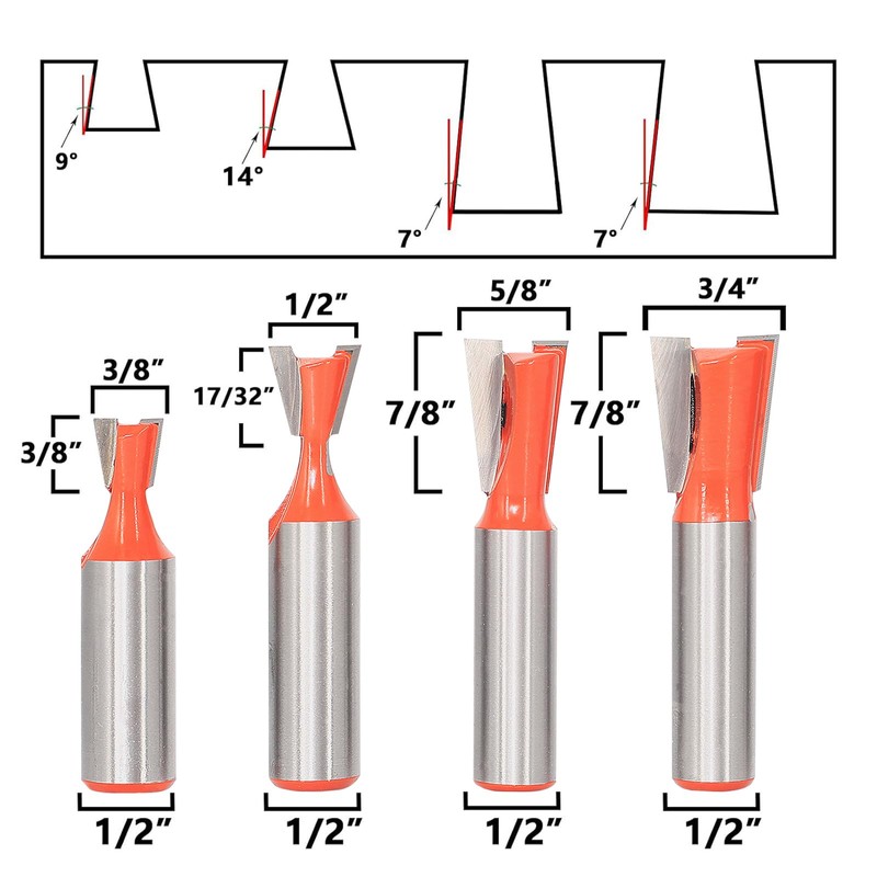 Sinoprotools 6Pcs Dovetail Router Bit Set 1/2 Inch Shank, Dovetail