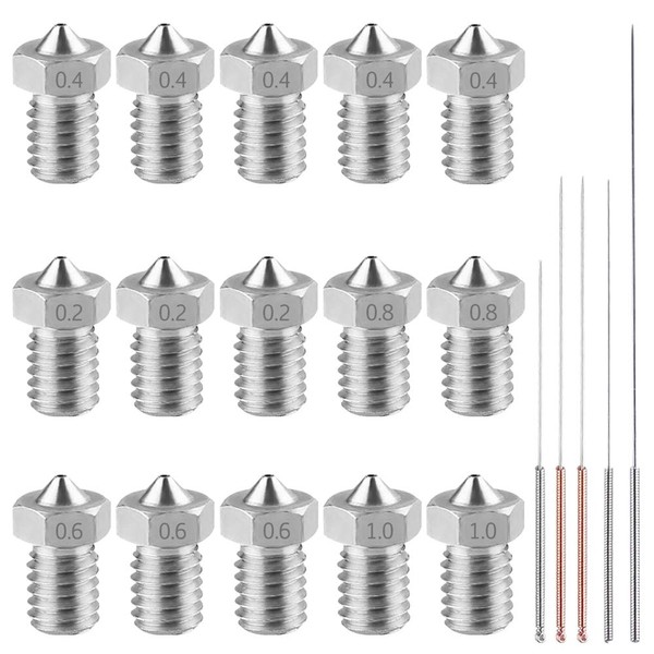 AFUNTA 15 PCS M6 3D Printer Stainless Nozzle for Printhead Extruder 1.75mm E3D Makerbot&ANET A8 & Creality CR-10, 5 Sizes (0.2/0.4/0.6/0.8/1.0mm) + 5 Size Cleaning Needles