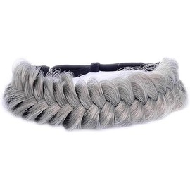 BOBIYA Messy Wide 2 Strands Synthetic Hair Auburn Braided Headband Classic Chunky Braided Headband Elastic Stretch Braided Hair Band (Steel Grey)