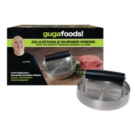 Guga Foods- Adjustable Burger Press, Stainless Steel Hamburger and Smashed Burger Press, Patty Maker for Grilling and Griddle, 3 Size Patties, Wooden Handle