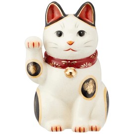 Yakushi Kiln 7854 Ceramic Chrysanthemum Flower Maneki Neko Maneki Neko Right Hand Raised Large, Height 6.3 inches (16 cm), Red, Made in Japan
