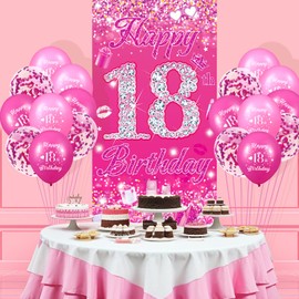 Pink 18th Birthday Decorations for Girls Women Pink Happy 18th Birthday Door Cover Banner & 18Pcs Happy 18th Birthday Balloons Decorations for Hot Pink 18th Birthday Anniversary Party Supplies