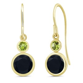 Gem Stone King 14K Yellow Gold Black Onyx and Green Peridot Drop Dangle Earrings For Women (1.84 Cttw, Gemstone December Birthstone, Round 6MM and 3MM)