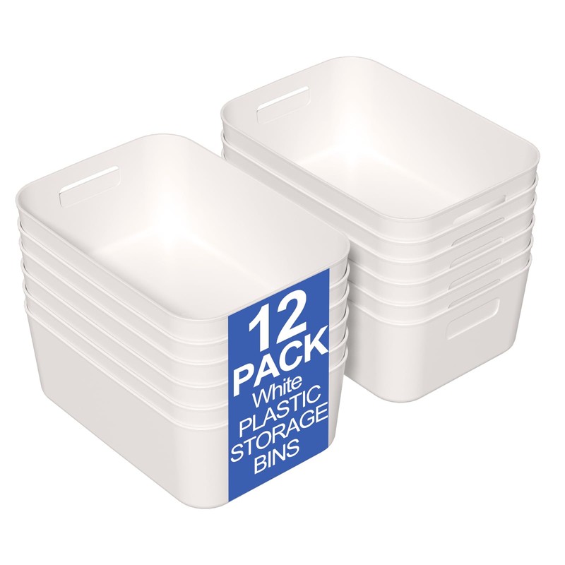 Afromy Plastic Storage Bins, 12-Pack Organizer Baskets, White