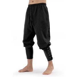 Heyigrow Mens Pirate Pants Medieval Viking Costume, Renaissance Lace-up Ankle Banded Trousers Cotton Linen Cosplay Outfits(Black,S)