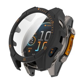 Miimall Case Bumper for Garmin Fenix 8 with Tempered Glass Screen Protector, Anti-Scratch, Anti-Bump, Women Men Full Face Cover Hard PC Protective Case Shell for Fenix 8 51mm AMOLED(Black-Orange)