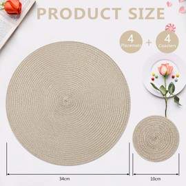 Homcomodar Round Table Place Mats and Coasters Set of 4 Heat Resistant Round Placemats Washable Dining Table Mats for Kitchen Dinner(Khaki)