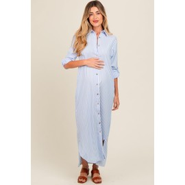 PinkBlush Light Blue Striped Button Down Maternity Maxi Dress