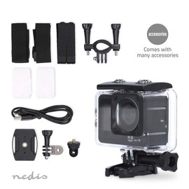 Nedis Action Cam - 1080p@30fps - 12 MPixel - Wasserdicht bis: 30.0 m - 70 min - Wi-Fi - App erhältlich für: Android/IOS - Inkl. Halterung - Schwarz