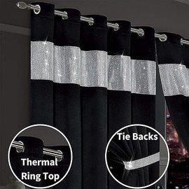 L S U Diamante Blackout Eyelet Thermal Curtains Pair with Tie Backs Ring Top (66" Width x 54" Drop, Black)