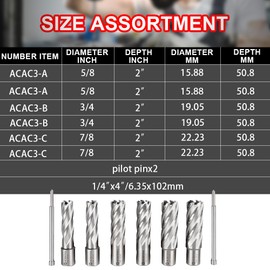 ACEDTOOL Annular Cutter Set, 6pcs Weldon Shank Mag Drill Bits, 2" Cutting Depth, 5/8",3/4",7/8" Cutting Diameter, M2 HSS, 2 Pilot Pins, Portable Case, for Using with Magnetic Drills