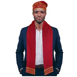 Red and Gold Embroidered African Hat and Sash/Scarf
