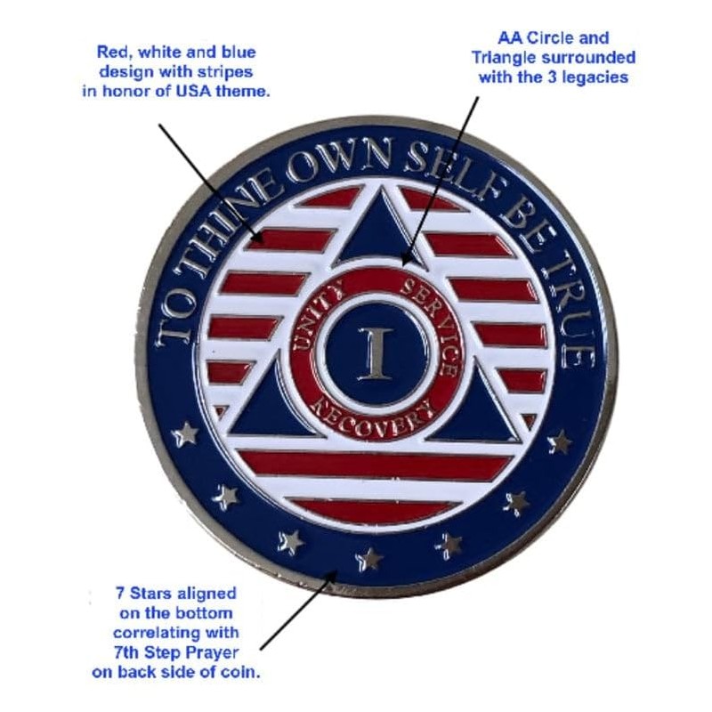 Stars and Stripes Alcoholics Anonymous Chip with 7th Step Prayer