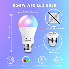 FTL Color Changing Light Bulb with Remote Control, A19 E26 Dimmable RGB LED Colored Light Bulbs 8W 60W Equivalent, 30 Colors, 2700K-6000K, Timer, Multi Color Recessed Light Bulbs for Bedroom, 4-Pack