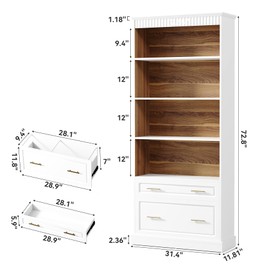 LITTLE TREE 72-Inch Tall White Bookcase, 5-Tier Wooden Open Display Bookshelf with 2 Drawers fits Letter, Legal, A4 Size, Modern Floor Standing Storage Organizer for Home Office & Living Room,Bedroom