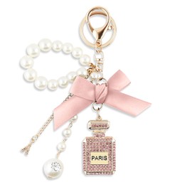 MyfavoriteK Perfume Keychain for Women Elegant Chic Key Chain Charm for Purse Cute Keychain Pearls Wristlet (Pink)