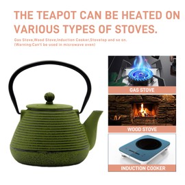 20.3oz Small Cast Iron Teapot, SECHUDO Cast Iron Tea Kettle for Stovetop Safe Coated with Enameled Interior, Cast Iron Tea Pot with Stainless Steel Infuser for Loose Tea (Green Pink Pinstripe Pattern)