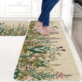 Eikunn Farmhouse Kitchen Rugs Set of 2, Weeds Floral Wildflower Kitchen Mat for Floor,Non-Slip Kitchen Sink Mat Spring Kitchen Decor Doormat+Runner Rug