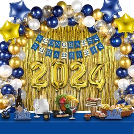 BBTO Graduation Decorations 2024 Graduation Party Supplies Congrats Grad Banner Confetti Star Balloons Foil Fringe Curtain Tablecloth for College High School Grad Decor (Black, Gold)