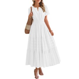 BTFBM Womens Summer 2025 Casual Midi Maxi Dresses Lightweight Short Sleeve V Neck Elastic Waist Boho Beach Dress Pockets(White, Large)