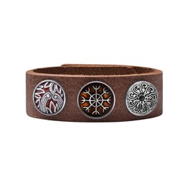 Quiges Women Leather Bracelet Set Red Brown with Brown and Silver 18mm Button 18-20cm