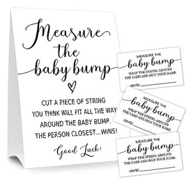 Baby Shower Games Measure the Baby Bump Sign, How Big is Mommy's Belly Party Favors Supplies, 5x7 Inch Kraft Standing Sign and 50 Guessing Cards, Minimalist 01