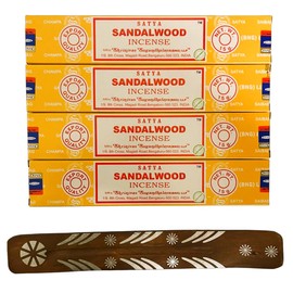 Original Satya Nag Champa Incense Sticks | with AMD Nexus Incense Sticks Holder | x4 pack | for Aromatherapy, Spa, Yoga, Meditation and Relaxation (Sandalwood)