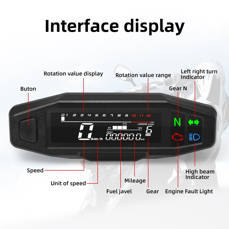 Universal Digital Speedometer for Motorcycle, Digital Tachometer with LCD Display