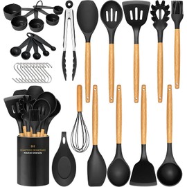 Kitchen Utensils Set, 33 pcs Non-Stick Silicone Cooking Utensils Set, Heat-Resistant Silicone, Wooden Utensils for Cooking, Kitchen Gadgets Spatula Set, Apartment Essentials Kitchen Set (Black)