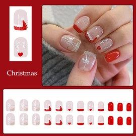 24Pcs Christmas Press on Nails Short Square Fake Nails Christmas False Nails with Xmas Hat Elk Designs Full Cover French Tip Artificial Acrylic Nails Reusable Stick on Nails Set for Women Girls