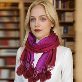 Sumato Womens Soft Transition Gradient Scarf Women's Autumn and Winter Double-Sided Cashmere Feel Scarves with Pom Poms Plum
