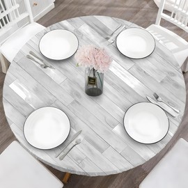 BOOWEATS Wood Grain 48 Inch Round Fitted Vinyl Tablecloth with Elastic Edged, Waterproof Oil Proof Wipeable Table Cover for Indoor Outdoor Patio Table, Fits Round Tables Up to 46" - 50" Diameter