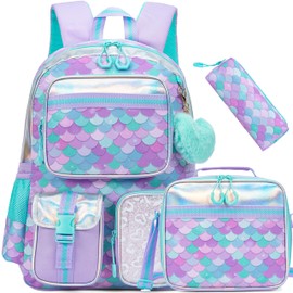 Meetbelify Mermaid Backpack for Girls School Backpack with Lunch Box for Elementary Student Teen Girls Cute School Bag Kids Bookbag for Girls 8-10