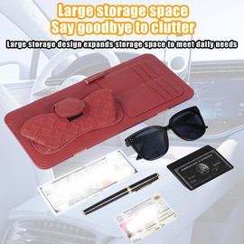 Sandfren Car Sun Visor Organizer, Leather Multi Pocket Vehicle Visor Storage Pouch for Sunglasses Card License, Multifunctional Auto Interior Organization Accessories, Universal Fit (Wine Red)