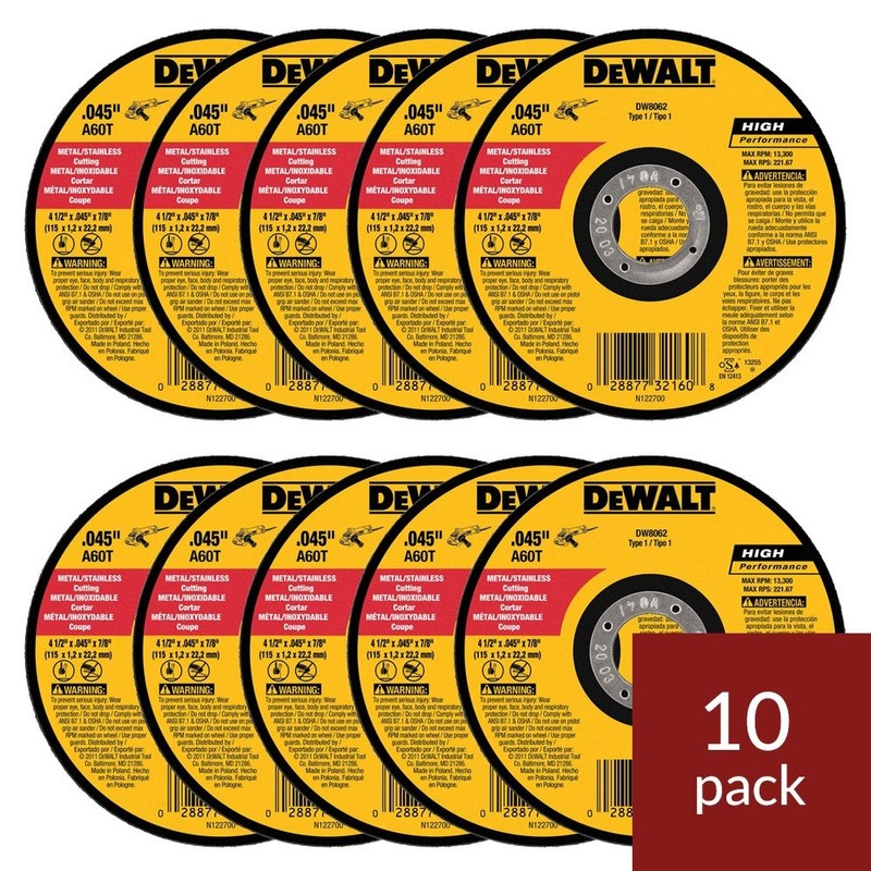DeWalt DW8062 4-1/2"x.045"x7/8" Metal Angle Grinder Thin Cutoff Wheel, 10