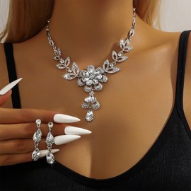 Flower Jewelry Sets for Women Trendy Silver Blue Red Jewelry Set Sparkly Crystal Necklace and Earrings Set Prom Party Jewelry Formal Accessories Costume Dresses