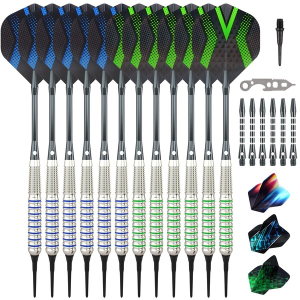Grebarley 12pcs Plastic Tip Darts for Electronic Dartboard 18g Aluminum Shafts with 9 Flights, 50 Tips, 20 Oing (WICK)