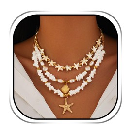 Handcess Boho Starfish Necklaces Gold Shell Pendant Necklace Beaded Puka Necklace for Women
