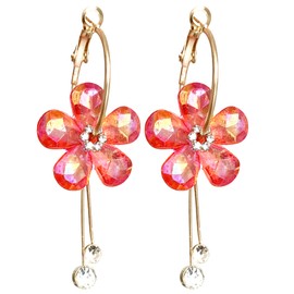 Unique Lightweight Bohemian 18k Gold Acrylic Crystal Flower Dangle Drop Earrings Handmade Charm Chic Cute Flowers Leaf Hoop Earrings for Women Vacation Wedding (Red 6)