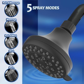 Upgrade Your Shower Experience with our Premium Matte Black Fixed Shower Head - High Pressure, 5 Spray Settings, Ideal for Low Water Flow - Easy Installation for a Luxurious Bathroom