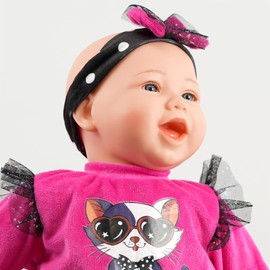 Bibi Doll 18" Realistic Baby Doll Girl Nya With Pink And Black Outfit, Kitten Themed Blanket, Sounds And Baby Doll Bottle - Real Life Baby Dolls For Girls And Boys - Talking Doll Soft Body Baby Doll