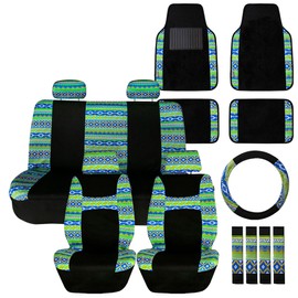 FH Group Full Set Southwestern Print Cloth Car Seat Covers Combo Set with Carpet Floor Mats, Universal Fit, Washable Seat Cover for SUV, Sedan, Green
