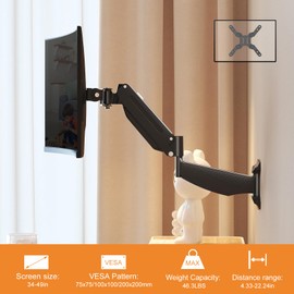SUPTEK Gas Spring Arm Wall Mount 49Inch，Single Heavy Duty Monitor Wall Mount for 34 to 49Inch & 17.6-46.2lbs Computer Screens，Articulating Full Motion Adjustable Arm Wall Stand with MAX VESA 200*200MM