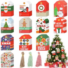 144 PCS Etiquetas Papel Kraft Navideñas para Regalo, 12 Patrones Etiquetas Colgantes Navideñas con Hilo de 3 Colores para Envoltura y Decoración de Regalos Navideños
