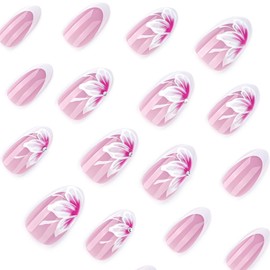 Hibiscus Press on Nails White French Tip Fake Nails Almond Nails Press ons with Crystal Designs,Flower False Nails Reusable Artificial Nails Glossy Full Cover Stick on Nails for Women Manicure 24Pcs