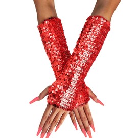 Yikisdy Sequins Fingerless Glove sparkly Red Gloves Rave Mermaid Glove for Women (Red)