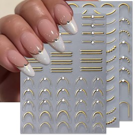 IDDFEVE Rhinestone Studded French Line Nail Art Stickers - Shiny Gold Crystal Diamond Self-Adhesive Multiple Radians Stripes, Curved Stripes Nail Decals, French Tips Guides for DIY Manicure (3 Sheets)