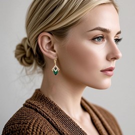 Emerald Green May Birthstone Gold Hoop Earrings for Women - Dangle Drop Earrings with Cubic Zirconia Embellished Geometric Frame