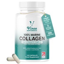 Vinco Pure Marine Collagen Supplements for Men & Women - 100% Marine Type 1 Hydrolysed Collagen Peptides Enhanced with Biotin, Hyaluronic Acid & Vitamin C - Essential Amino Acids - 120 Capsules
